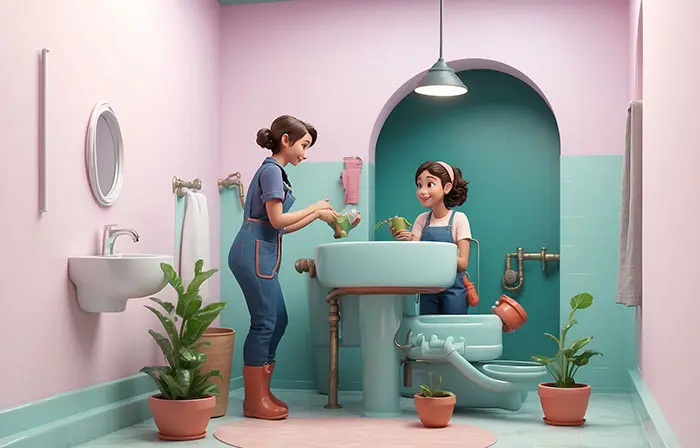 Mother and Daughter in Bathroom Cleaning Wash Basin 3D Character Illustration image
